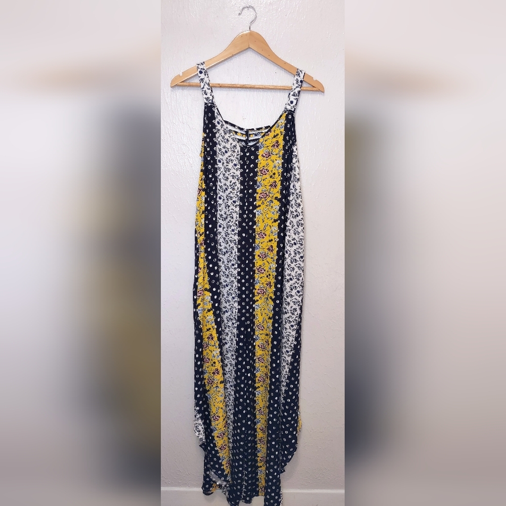 Sleeveless Striped Floral Maxi Romper - Yellow &‎ Navy